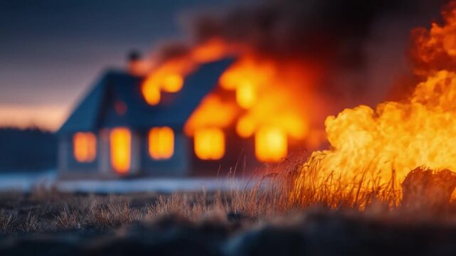 House on Fire: The house is engulfed in raging flames, with the orange glow of the fire illuminating the night, and the acrid smell of smoke hangs heavy in the air.