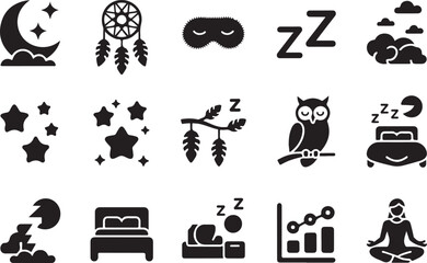 Collection of sleep related icons featuring dreamcatcher moon stars owl bedding and nighttime elements