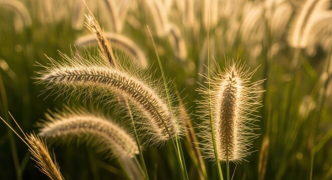 Golden Sunlight Illuminating Soft Fuzzy Grass Seed Heads in Meadow