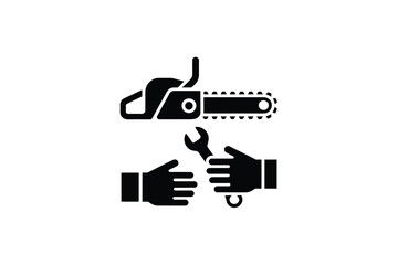 Two hands holding a wrench near a chainsaw icon for repair and maintenance