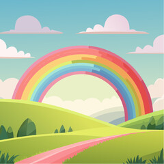 Colorful rainbow over green hills landscape scene