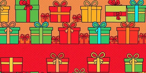 Seamless Christmas gift box pattern; horizontal, outlined boxes, dotted background,  dotted,  stylish