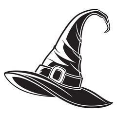 Black witch hat icon with buckle and curved brim white