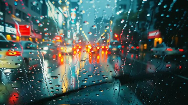 Cinematic night drive seen through a rain-streaked windshield, where neon city lights blur into dreamy bokeh and reflections glide across wet glass, creating a calm, melancholic, and contemplative moo
