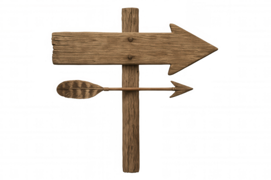 Wooden signpost with arrow pointing right and weathered arrow showing direction, concept of choice and guidance