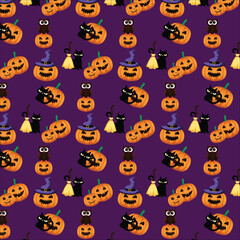 Cute Purple Seamless Halloween Pumpkins and Black Cats Party Background Pattern