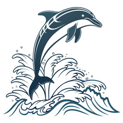 Blue dolphin leaping through stylized ocean waves jumping