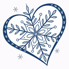 Blue snowflake heart shape with leaves and small snowflakes