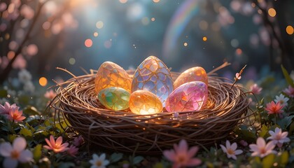 Easter nest with crystal eggs reflecting rainbow light, dreamy and magical atmosphere, artistic background.