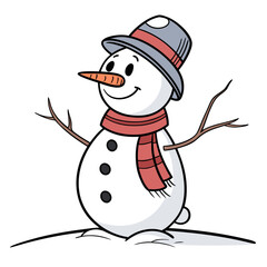Cartoon snowman wearing a hat and scarf winter character