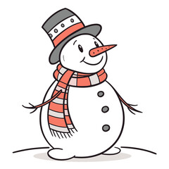 Cartoon snowman with coral scarf and gray hat winter