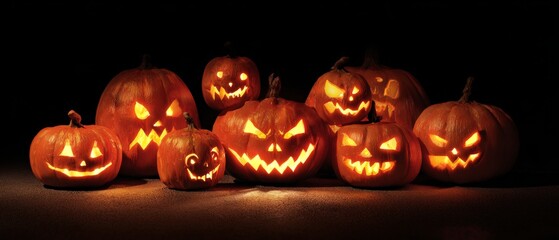 Sinister carvings: a group of wickedly lit jack o lanterns. Modern style. Menacing glow: subtly varied spectral pumpkins in a mysterious setting. Sharp image. Empty space.