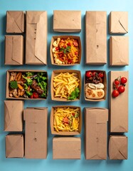 Food delivery containers, various meals in kraft paper boxes arranged on a light blue background