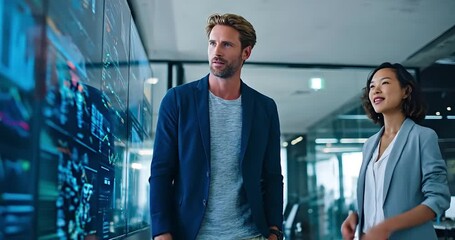 Focused confident diverse business professionals interacting with digital data on modern glass office display - Powered by Adobe