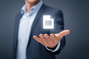 Businessman presenting digital document icon - innovative corporate communication and management concept