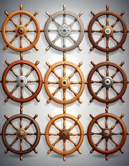 Nine wooden ship steering wheels in various shades of brown and grey, arranged in a grid pattern.  Each wheel has spokes and a central hub