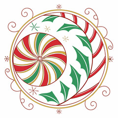 Christmas candy swirl holly leaf circle icon vector