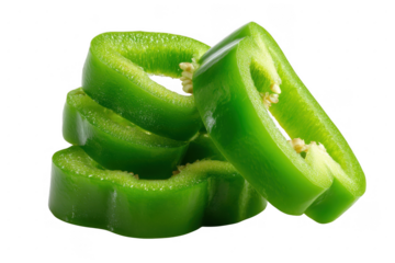 Fresh green bell pepper slices stacked and isolated on transparent background