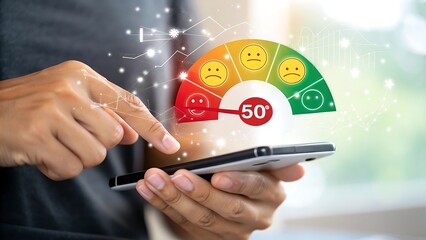 Person checking credit score on smartphone with visual gauge indicating a low score