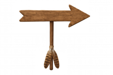 Wooden arrow signpost with feathers pointing direction, rustic wood plank showing communication path