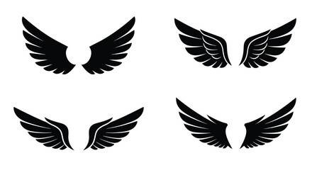 Four black wing designs displayed on a plain white background