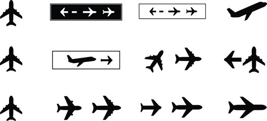 Airplane and Directional Arrow Icons in Varied Orientations and Frames — Aviation Vector Set for Travel, Navigation, and Transportation Design Projects