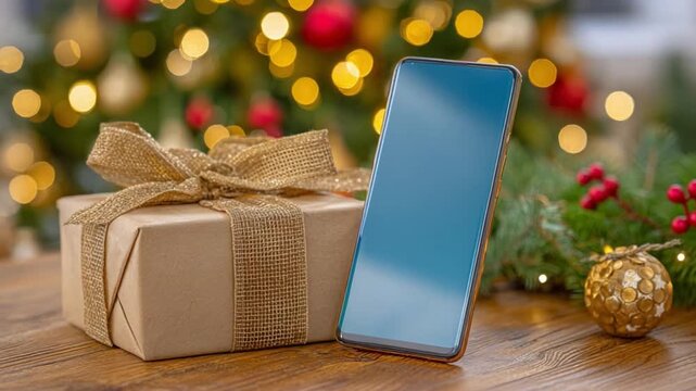 Christmas tech gift: A beautifully wrapped gift box and a sleek smartphone stand side-by-side, set against the backdrop of a festive Christmas tree, creating a sense of holiday cheer and excitement.