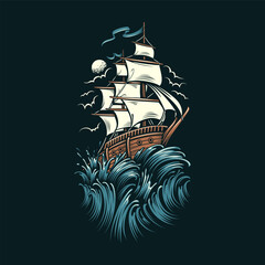 Nautical design vector illustration of a sailing ship on the ocean water © ravindu