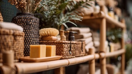Fototapeta premium Medium shot of a bamboo retail display stand featuring ecoconscious products with natural textures in sharp focus soft blurred background emphasizing sustainable materials.