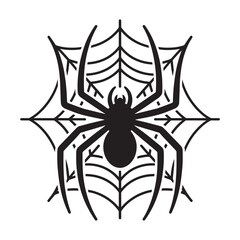 Black spider with long legs perched on a detailed circular spider web illustration