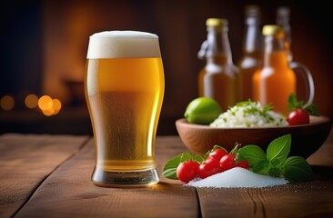 a glass of beer, delicious food, a bar. Beer festival. Oktoberfest. Folklore festival in Germany.