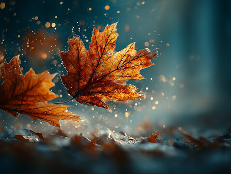 autumn leaves, with one prominent leaf in the foreground. The background is slightly blurred, featuring a mixture of water droplets and additional leaves
