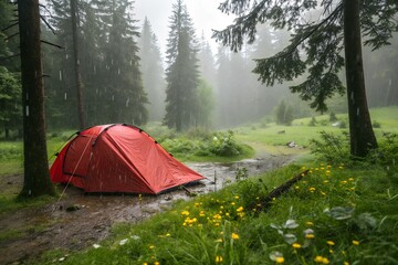 Vibrant Red Inflatable Camping Tent in a Rainy Forest Meadow