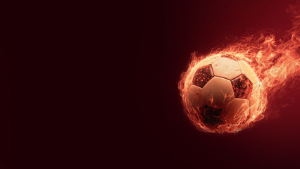 Burning soccer ball engulfed in flames and smoke, flying in motion against a dark red background, creating a dramatic, intense, and high-energy sports visual. Copy space, aspect ratio 16:9..