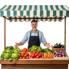 Smiling man stands at his market stall loaded with fresh, healthy vegetables.Isolated transparent background ( cut-out PNG file ).