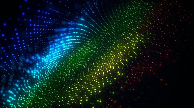 Live background animation. Dynamic colorful 3D waves  spiral movements. Circular dot patterns. Neon rainbow lighting. Shimmering stars. Particle blur. Cosmic space, matter. Milky Way. 4K screensaver