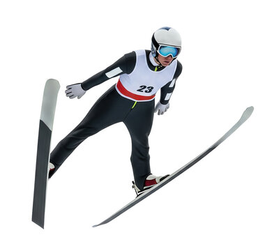 Ski jumper mid-flight wearing a black suit, white helmet, and goggles.Isolated transparent background ( cut-out PNG file ).