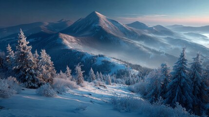 Winter's charm: sunlit snow-covered forest in majestic carpathians. Movie cover. A winter's palette: glittering snow and sunrise in the carpathians. Poster illustration. Poster graphics.