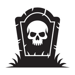 Spooky halloween tombstone with a skull and crossbones symbol carved into it and grass around the base