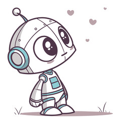 Cute robot with big eyes and hearts icon cartoon