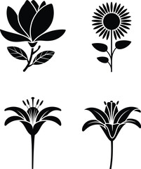 Collection of four stylized floral silhouettes magnolias sunflower lilies nature botanical art