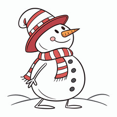 Cute snowman with red striped hat and scarf winter