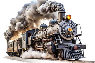 Obraz premium A vintage steam train puffing smoke as it travels down the railroad tracks, isolated on transparent background.png