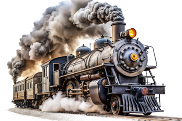 A vintage steam train puffing smoke as it travels down the railroad tracks, isolated on transparent background.png
