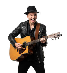 Obraz premium Energetic musician in a leather jacket and hat playing an acoustic guitar. Isolated transparent background ( cut-out PNG file ).