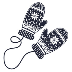 Dark blue knitted mittens with winter patterns gloves