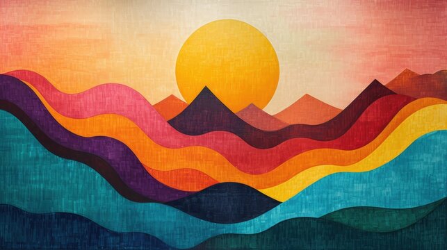 Vibrant abstract mountain range landscape with a large yellow sun at sunset background colorful