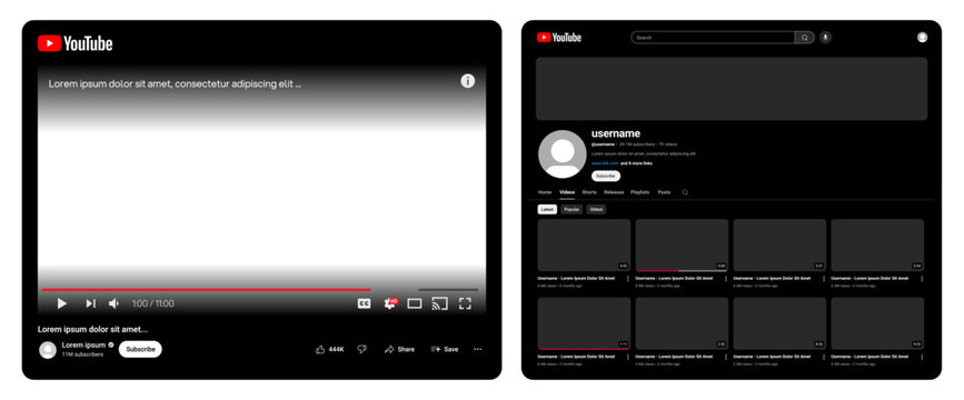 YouTube web interface UI mockup in dark mode. Video player and channel page layout design for desktop website template.