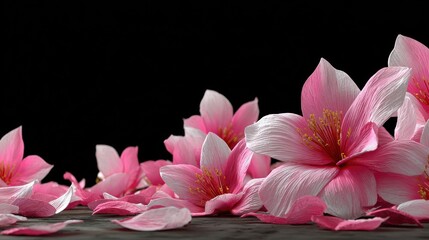 Pink and white flowers and petals on a textured surface