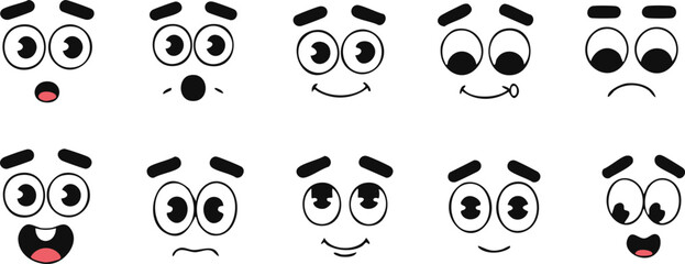 Retro 30s cartoon mascot characters. Funny face expressions with varied comic emotions surprise, anger and joy love, silliness. Vintage elements for stickers, comics and games, kids apps. Vector set